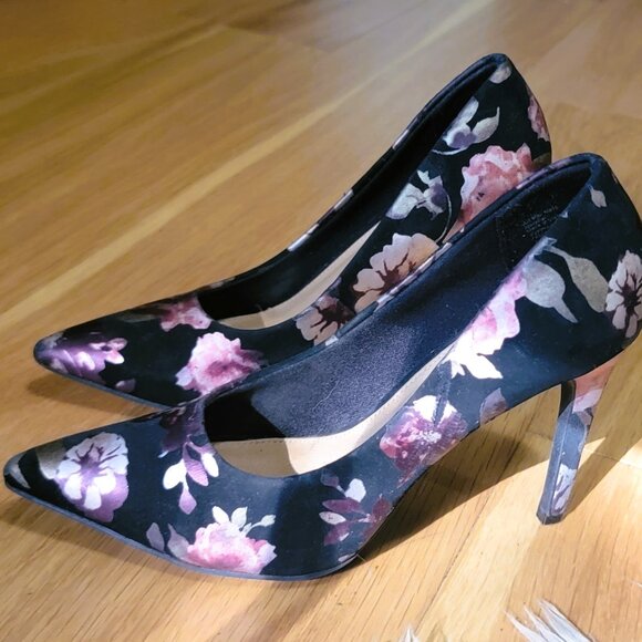 Chic Black Floral Pink Cream Lilac Design Silk Sheen Stiletto Heels 5.5 Comfort - Picture 4 of 16